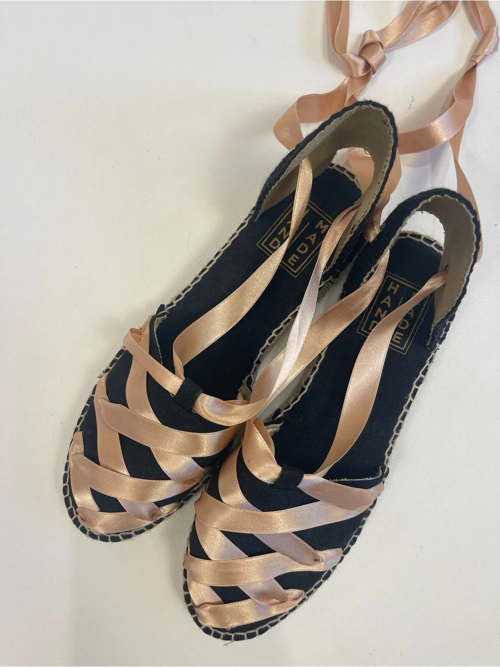 handmade Black Espadrilles 8.5/39 Sandals Lace Up Pink Satin Ribbons Balletcore